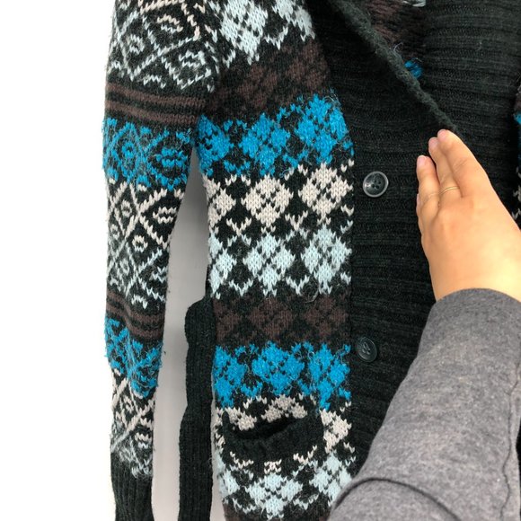 Peak Performance Blue Grey Multicolor Argyle Sweater Cardigan waist tie size M - Picture 5 of 16